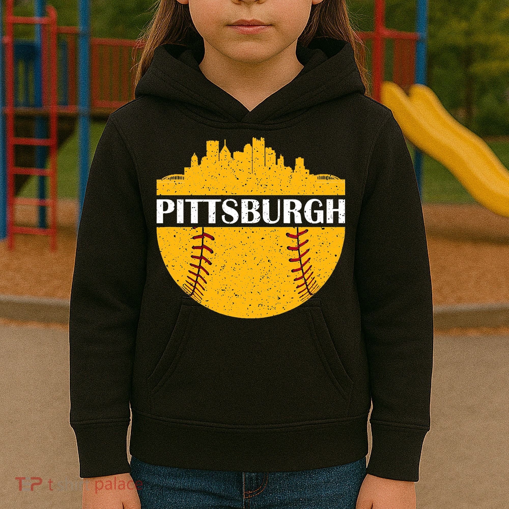 Distressed Novelty Pirate Pittsburgh Baseball Cityscape Kids Hoodie