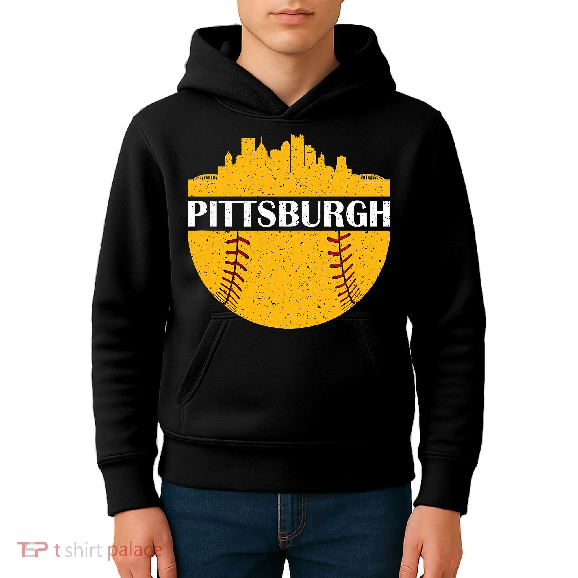 Distressed Novelty Pirate Pittsburgh Baseball Cityscape Kids Hoodie