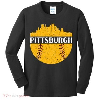 Distressed Novelty Pirate Pittsburgh Baseball Cityscape Kids Long Sleeve Shirt