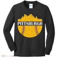 Distressed Novelty Pirate Pittsburgh Baseball Cityscape Kids Long Sleeve Shirt thumb 0