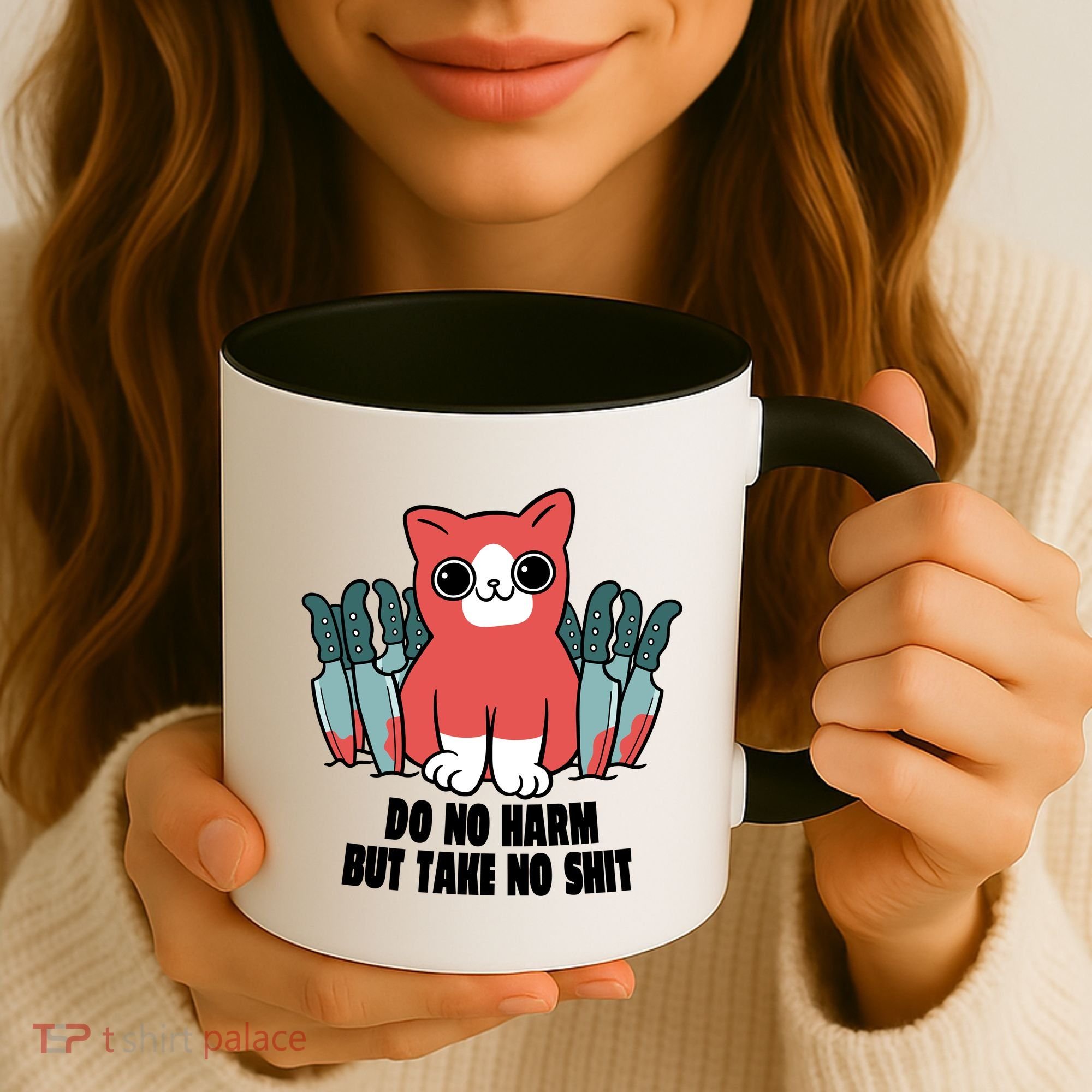 Do Know Harm Take No Sh*t Funny Cat Knifes Coffee Mug