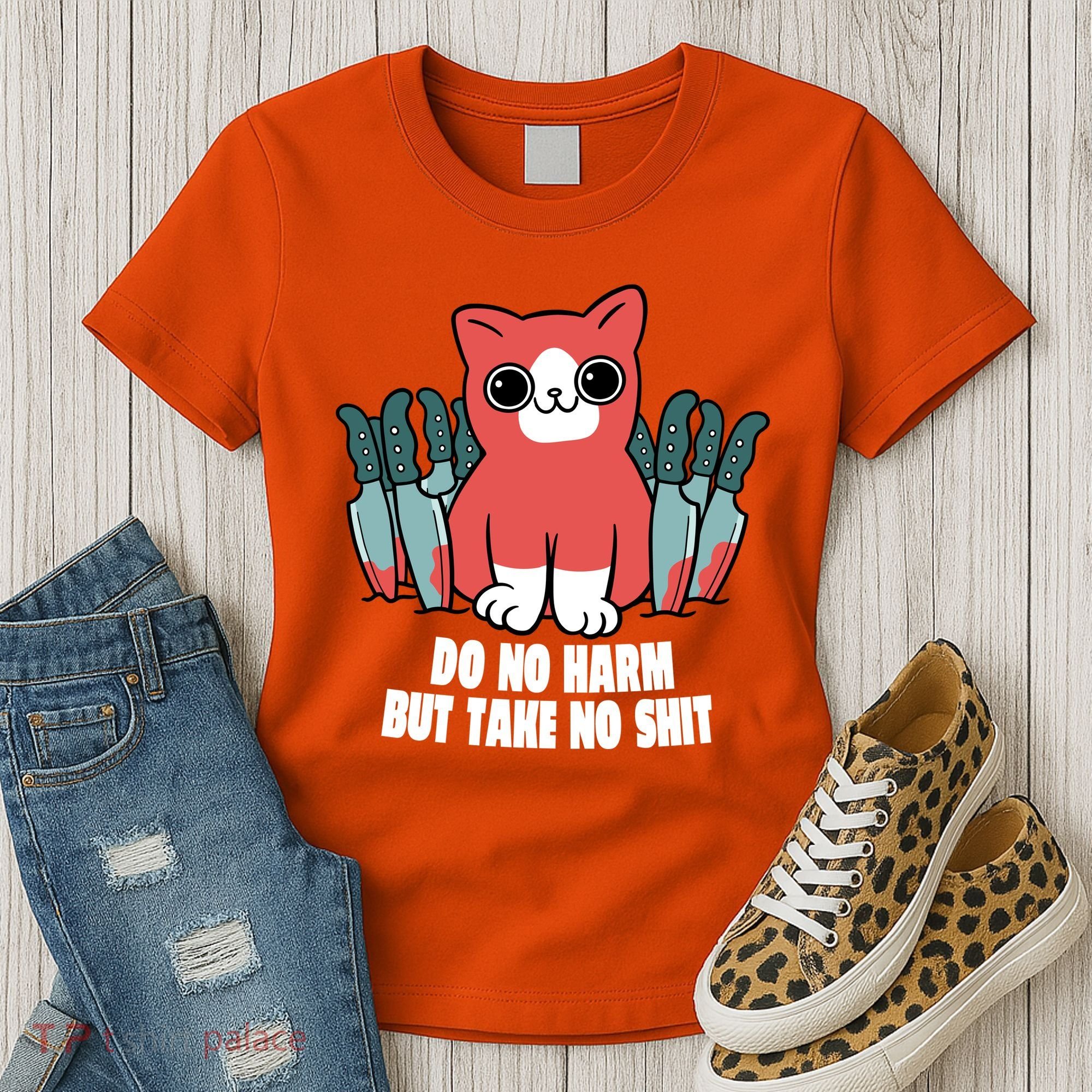 Do Know Harm Take No Sh*t Funny Cat Knifes Women's T-Shirt