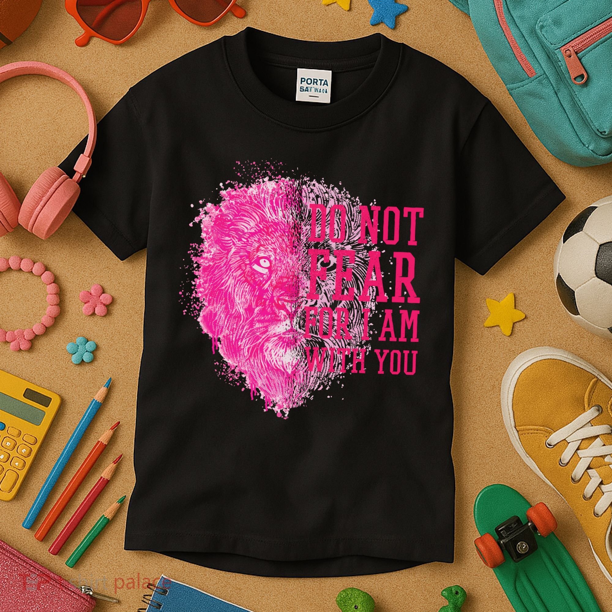 Do Not Fear For I Am With You Pink Lion Kids T-Shirt
