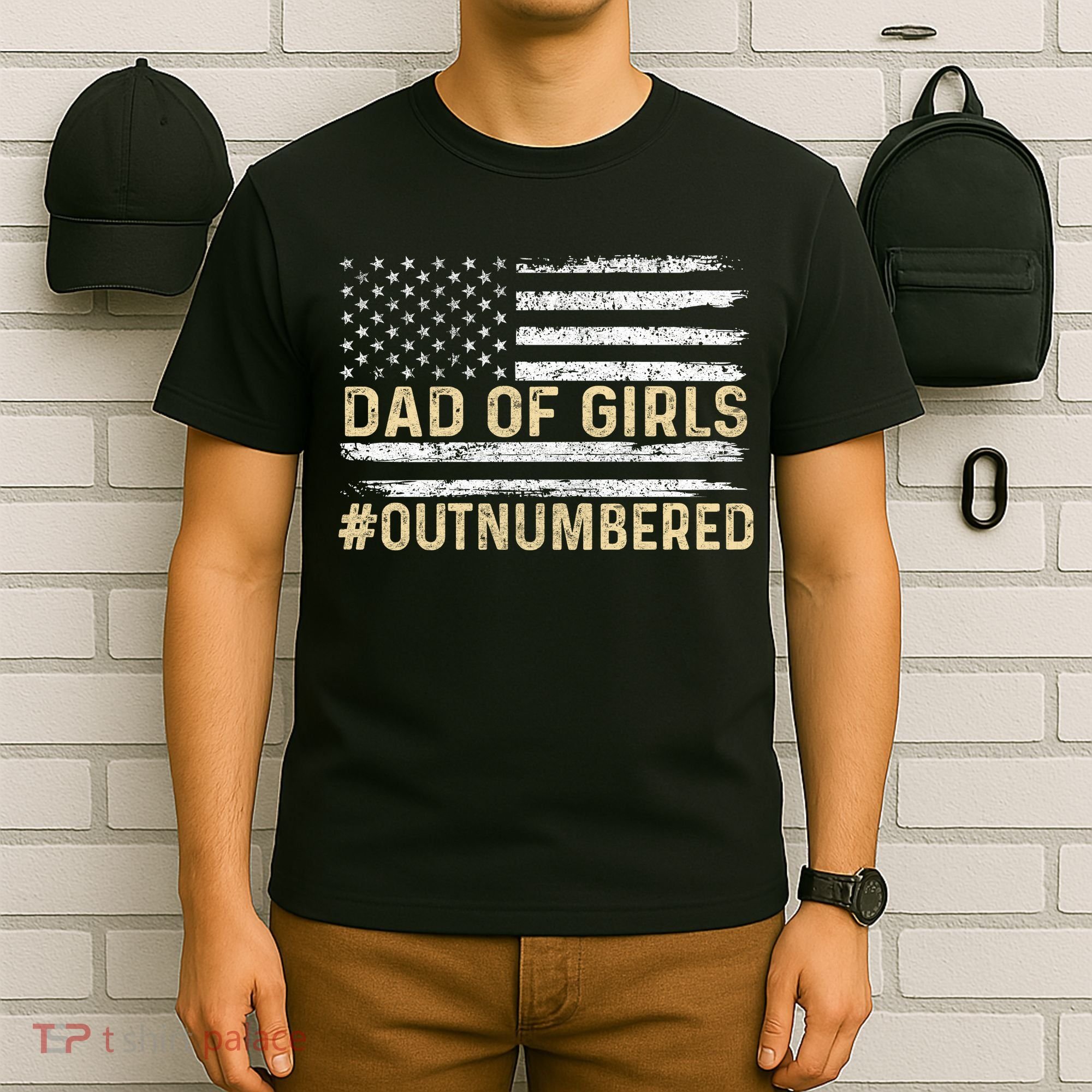 Dad Of Girls Outnumbered American Flag T-Shirt