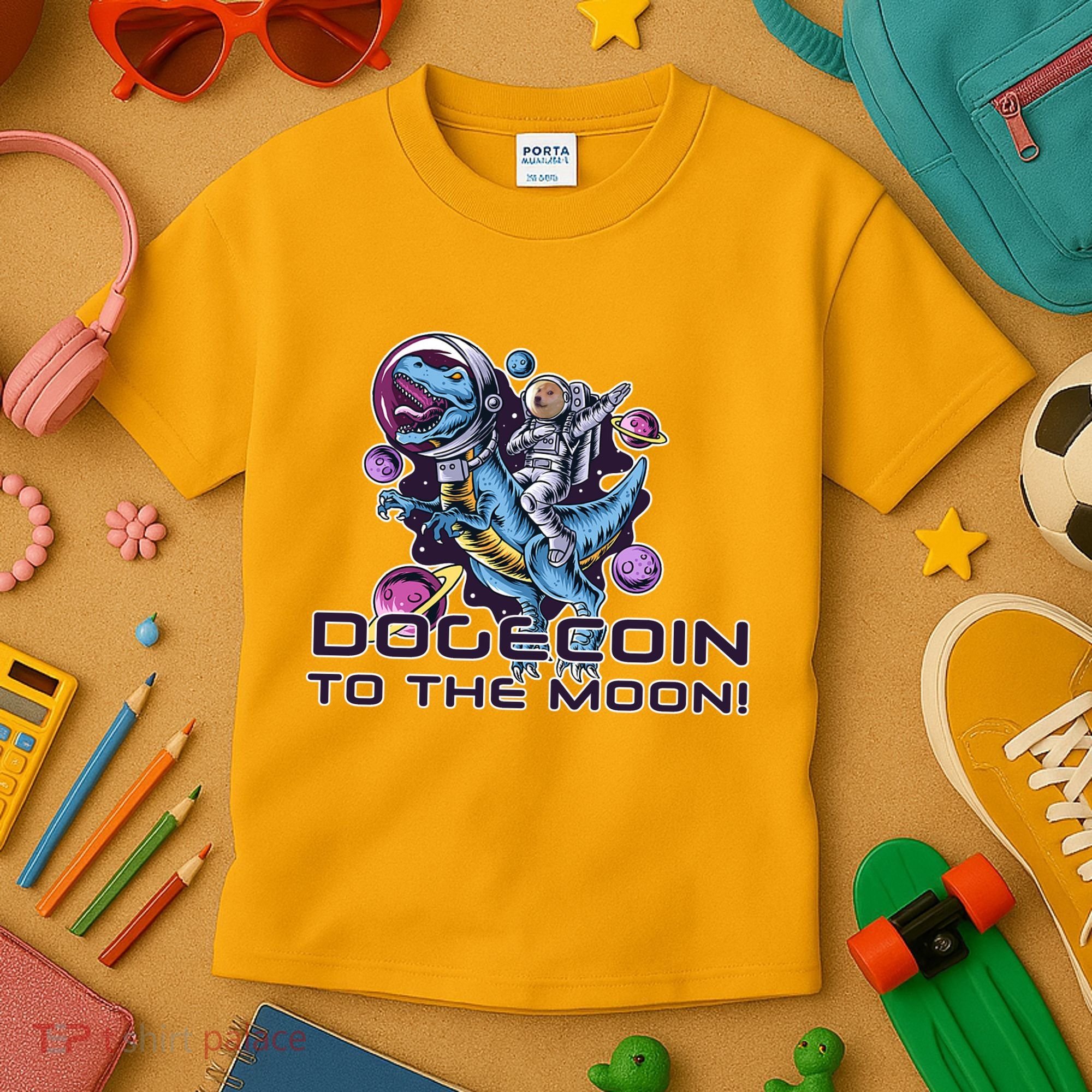 Dogecoin Crypto Currency Doge Dinosaur Kids T-Shirt
