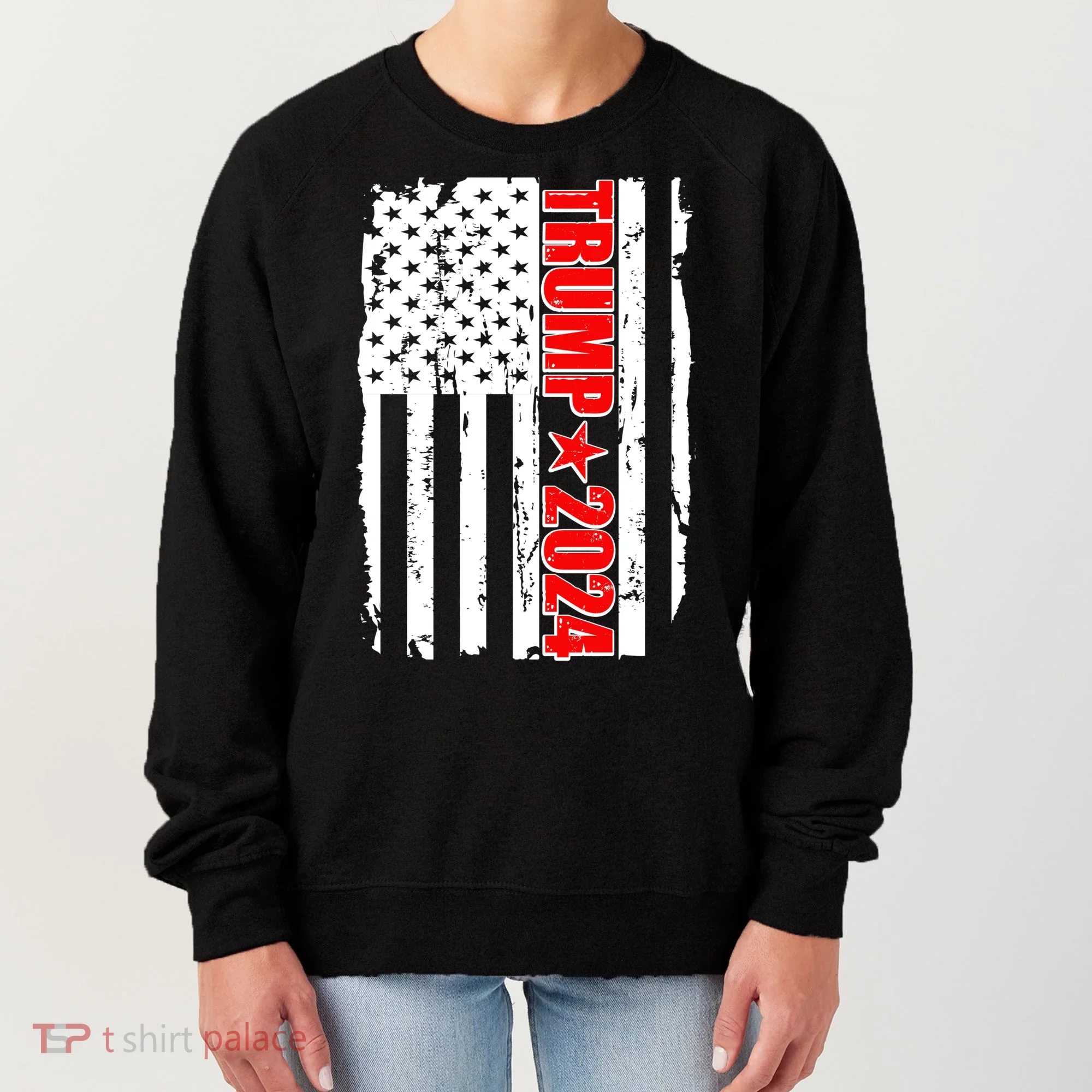 Donald Trump 2024 Distressed US Flag Women's Sweatshirt