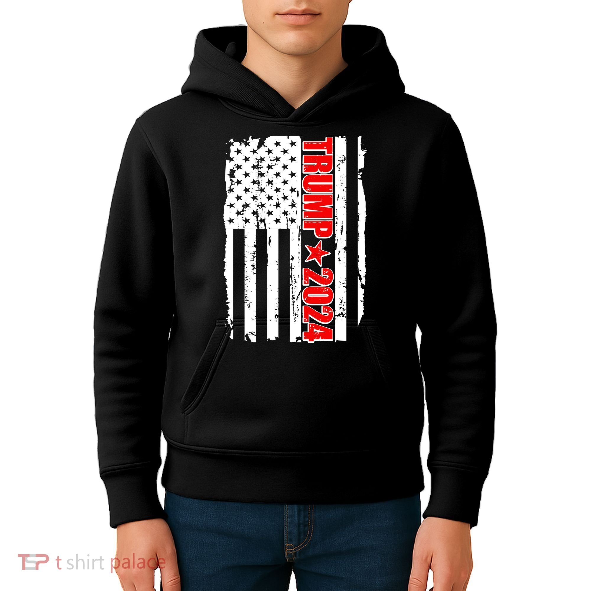 Donald Trump 2024 Distressed US Flag Kids Hoodie