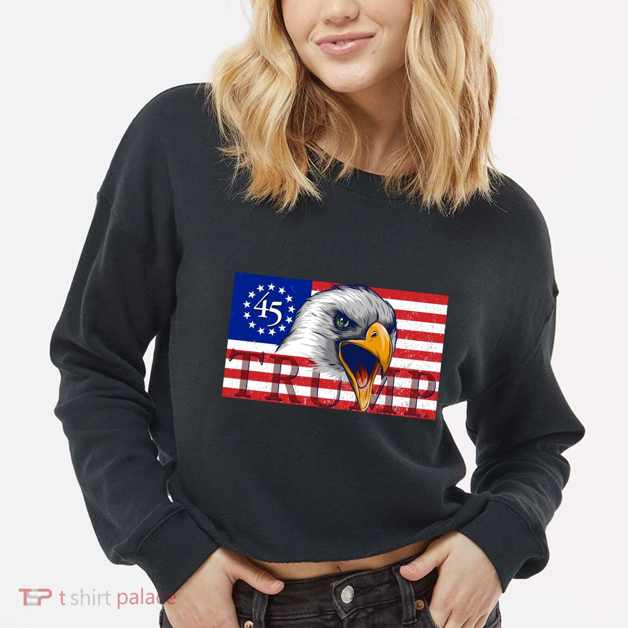 Donald Trump Eagle Betsy Ross Flag Cropped Pullover Crew