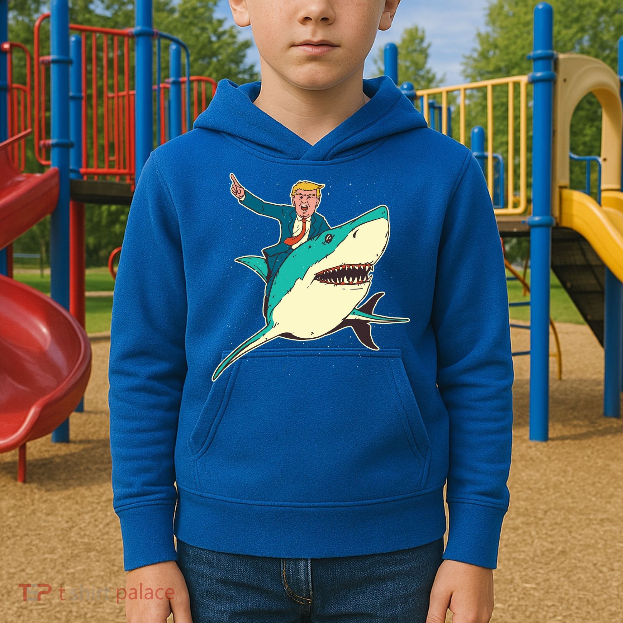 Donald Trump Riding Shark Kids Hoodie