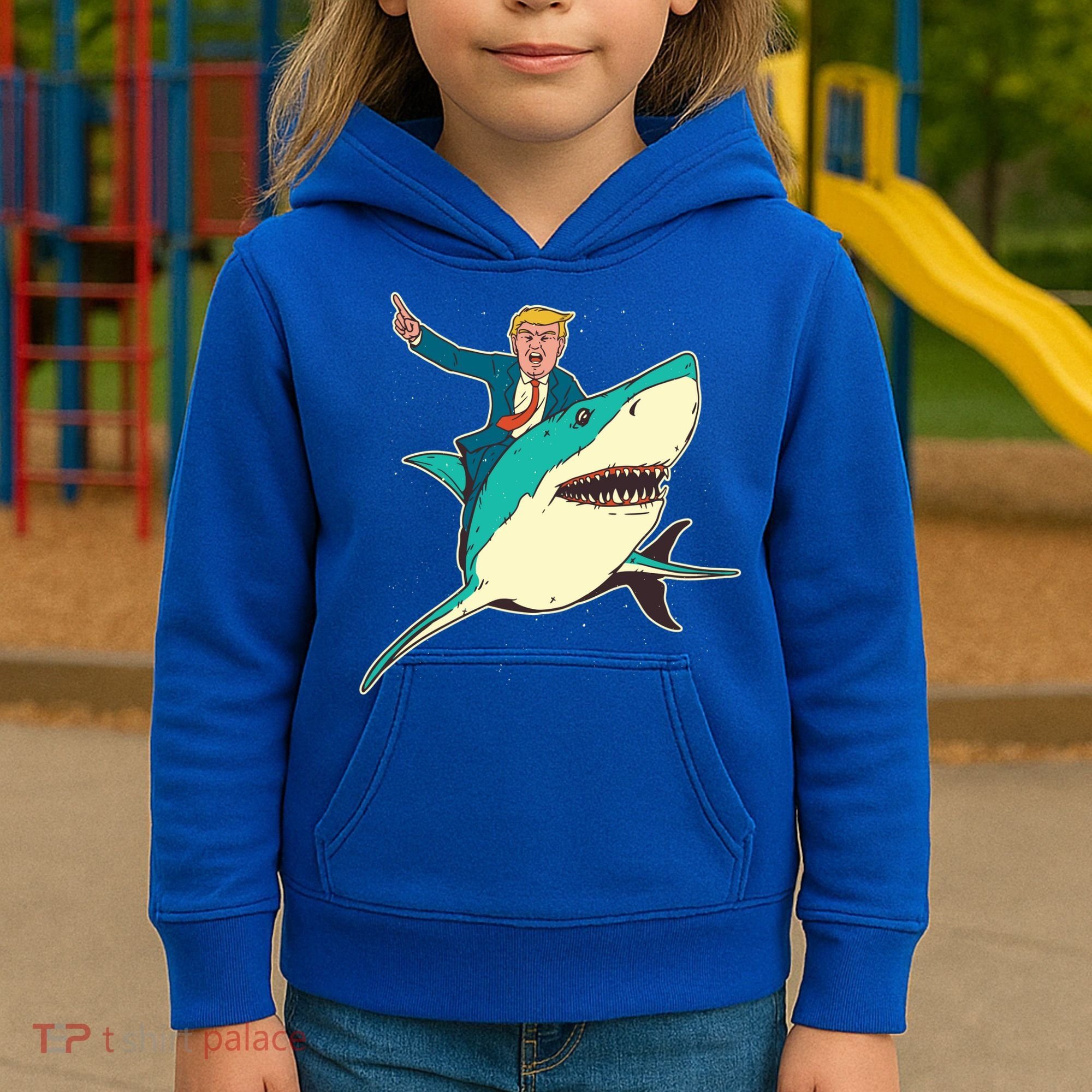 Donald Trump Riding Shark Kids Hoodie