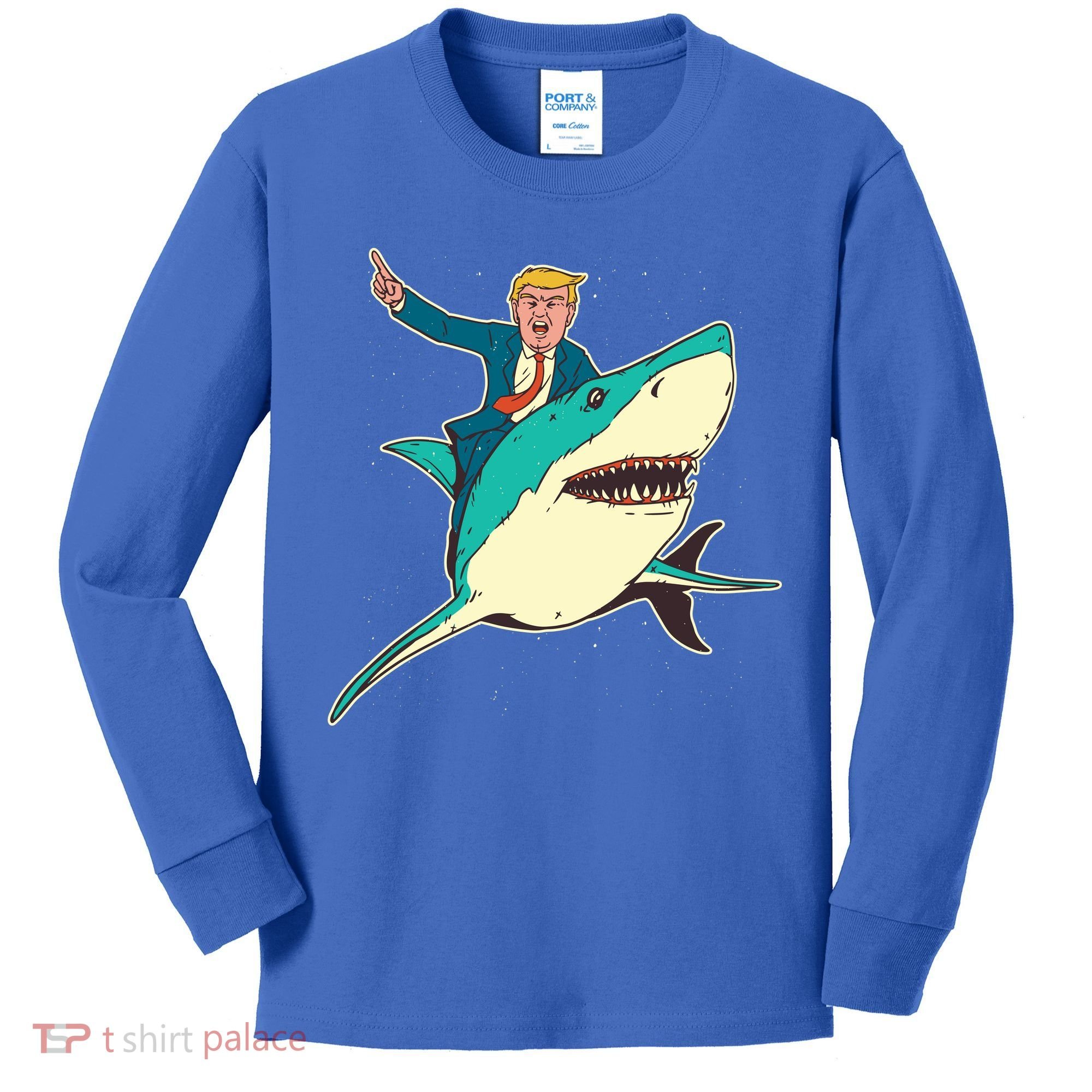 Donald Trump Riding Shark Kids Long Sleeve Shirt