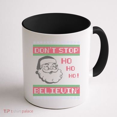 Don't Stop Believin Santa Ho Ugly Christmas Coffee Mug back