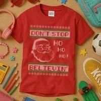 Don't Stop Believin Santa Ho Ugly Christmas Kids T-Shirt thumb 3