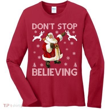Don't Stop Believing Christmas Ugly Sweater Design Women's Long Sleeve Shirt