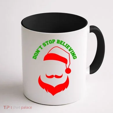 Don't Stop Believing Santa Face Coffee Mug back