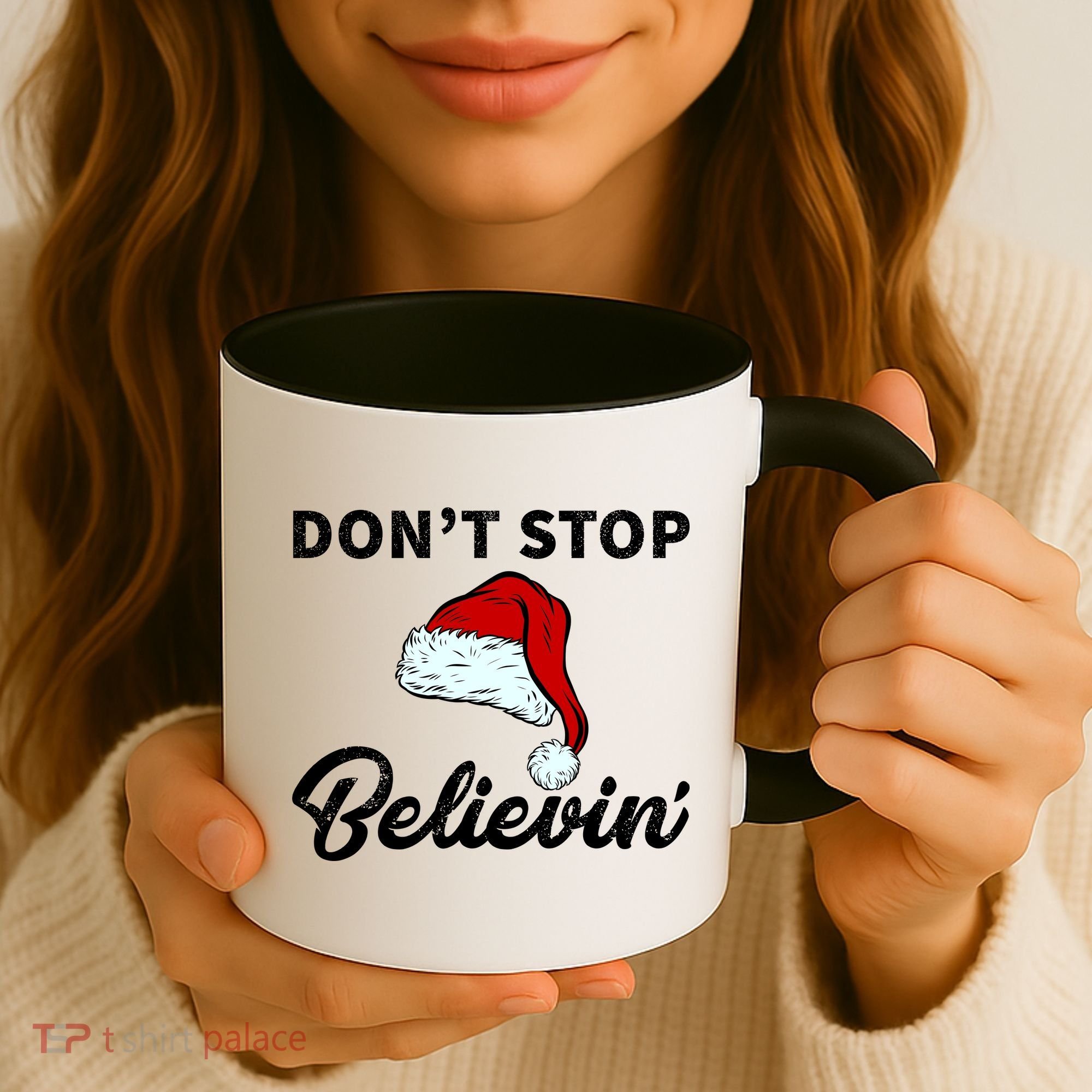 Don't Stop Believing Santa Hat Coffee Mug