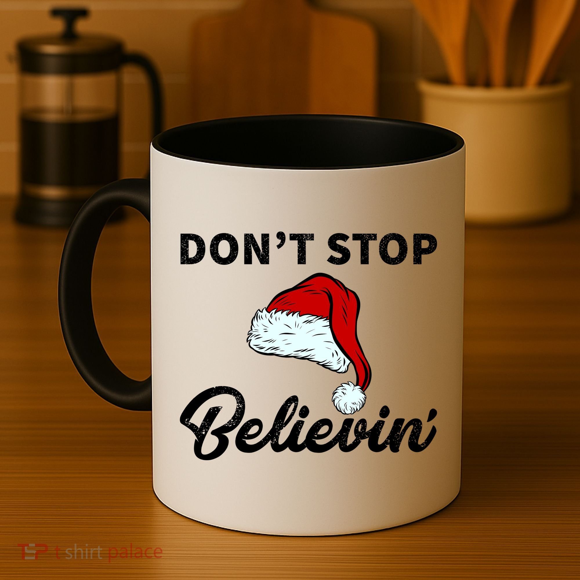 Don't Stop Believing Santa Hat Coffee Mug