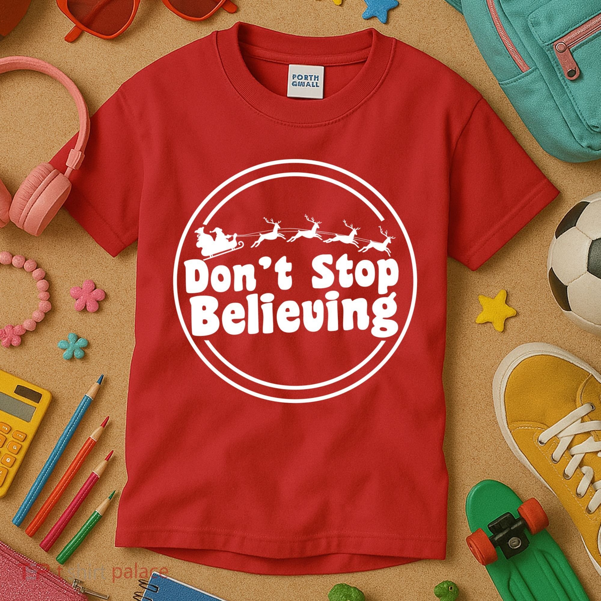 Don't Stop Believing Santa Sleigh Christmas Kids T-Shirt