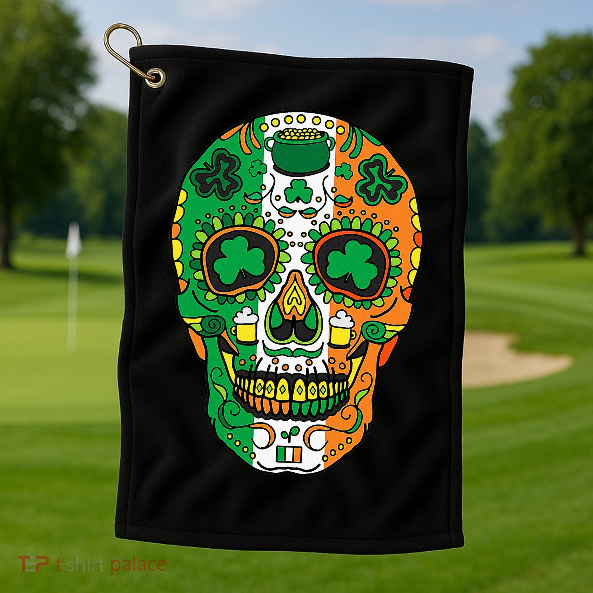 Day Of The Dead Irish Sugar Skull St Patricks Day Golf Towel