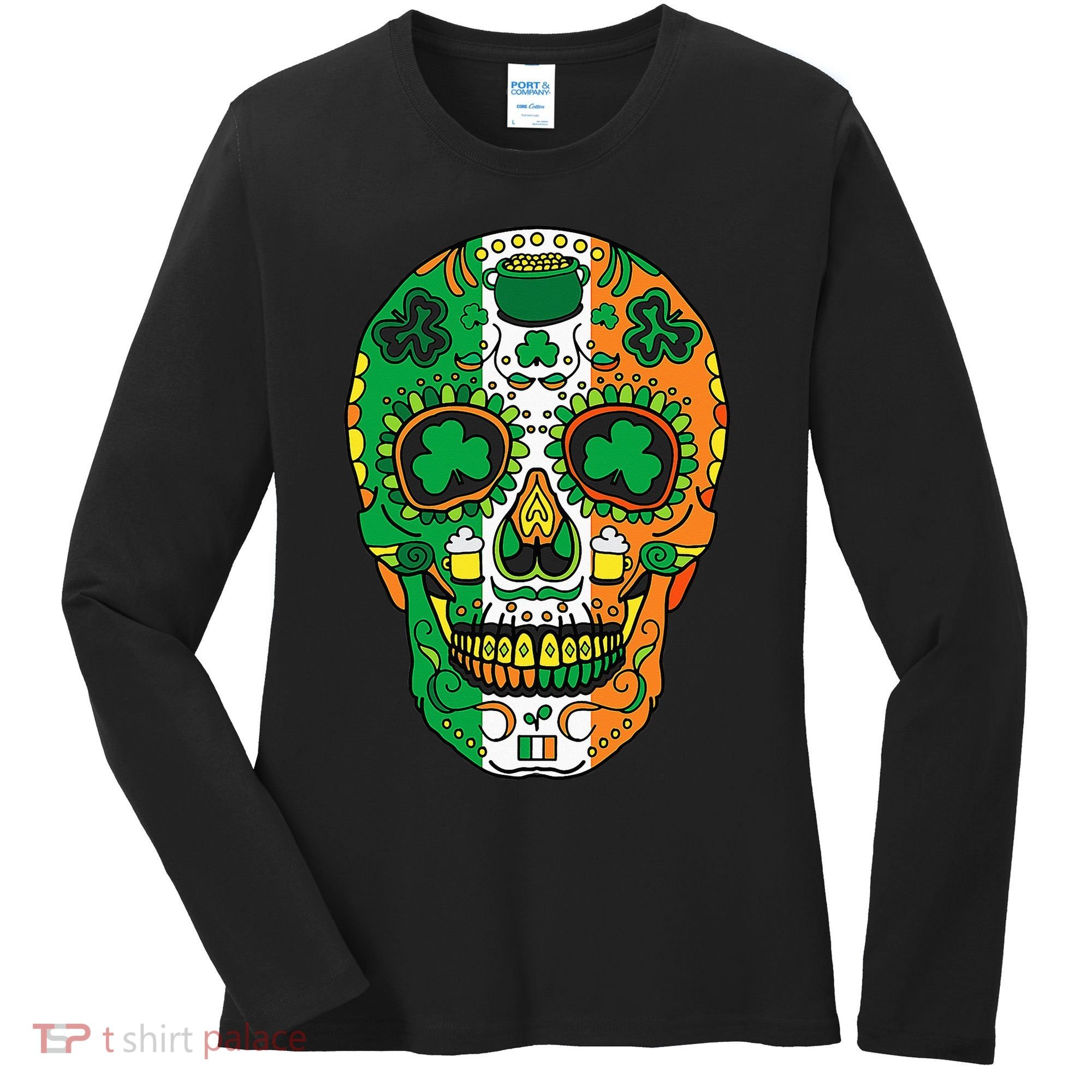 Day Of The Dead Irish Sugar Skull St Patricks Day Women's Long Sleeve Shirt