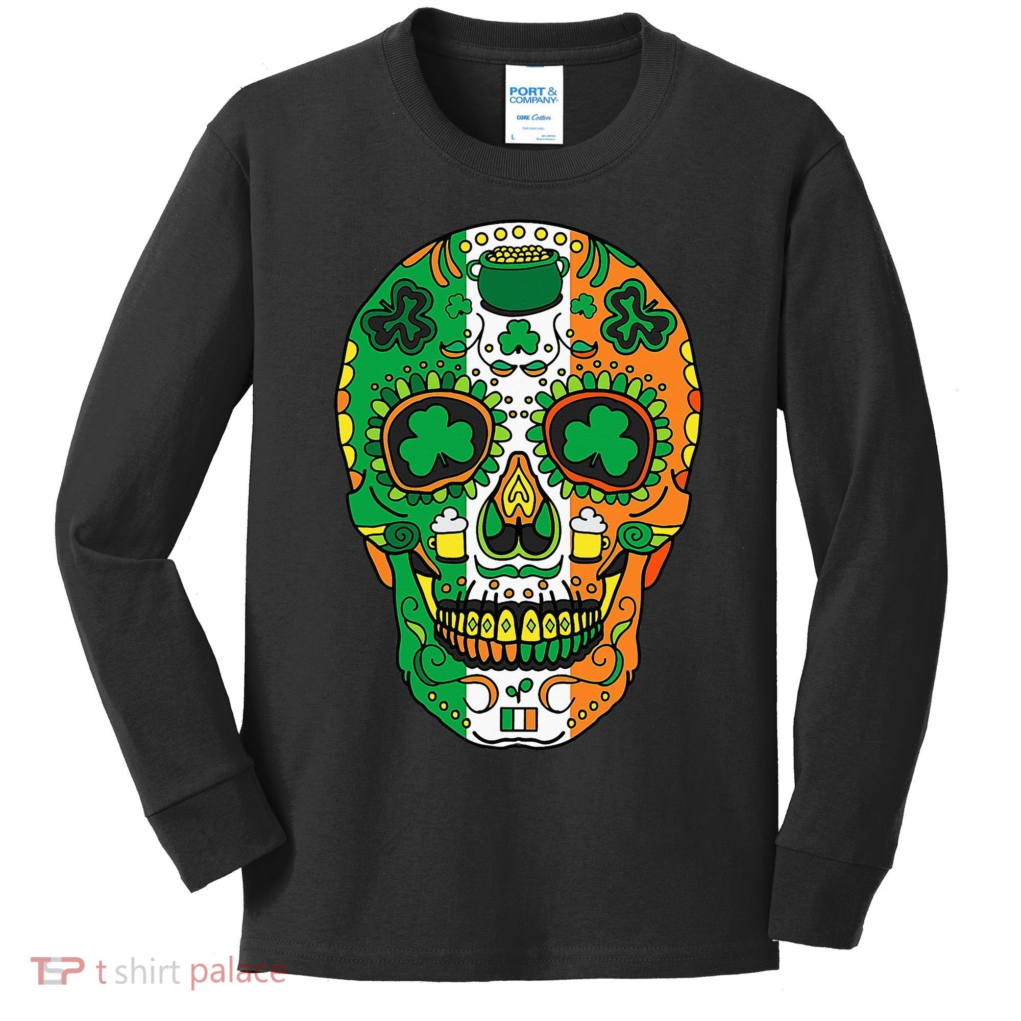 Day Of The Dead Irish Sugar Skull St Patricks Day Kids Long Sleeve Shirt