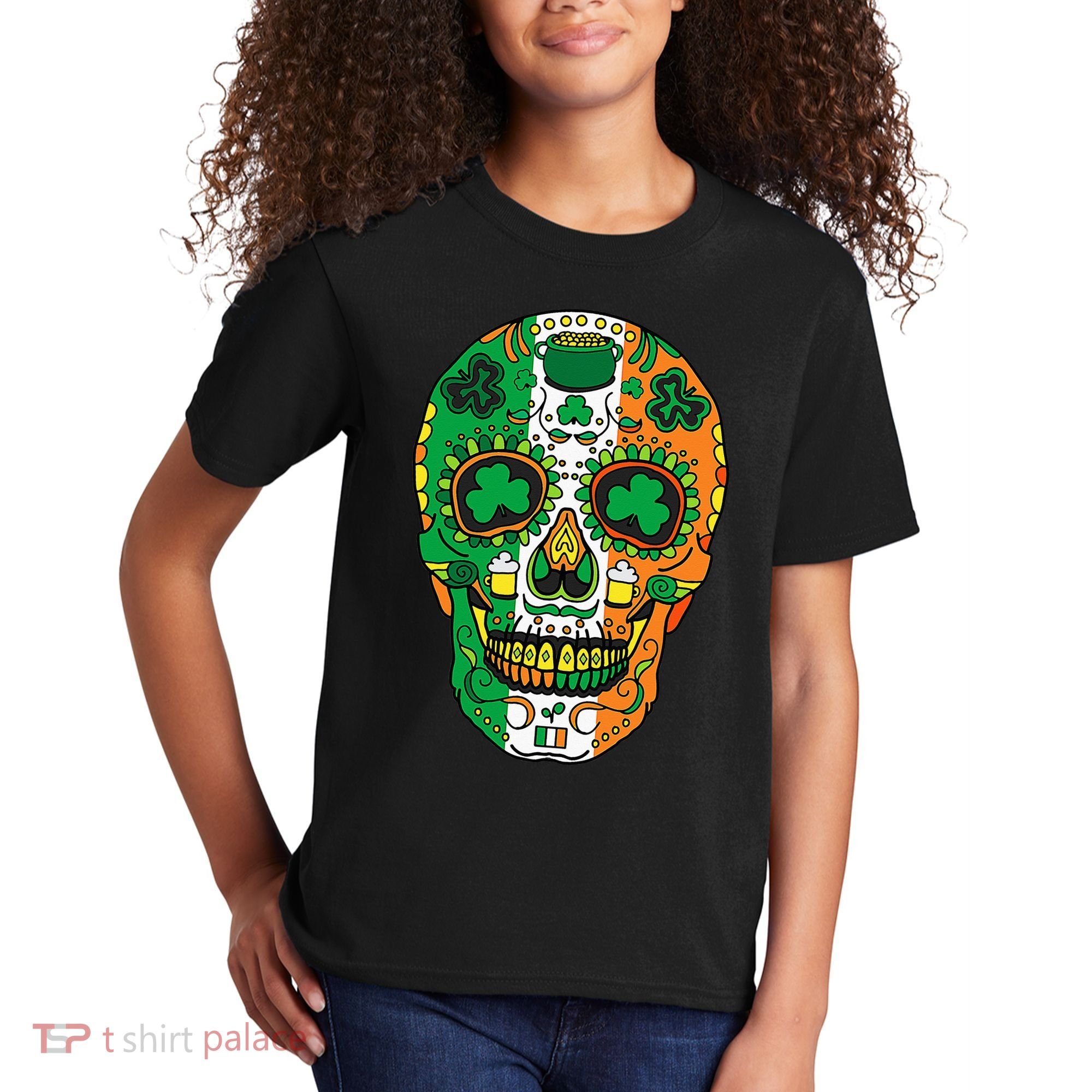Day Of The Dead Irish Sugar Skull St Patricks Day Kids T-Shirt