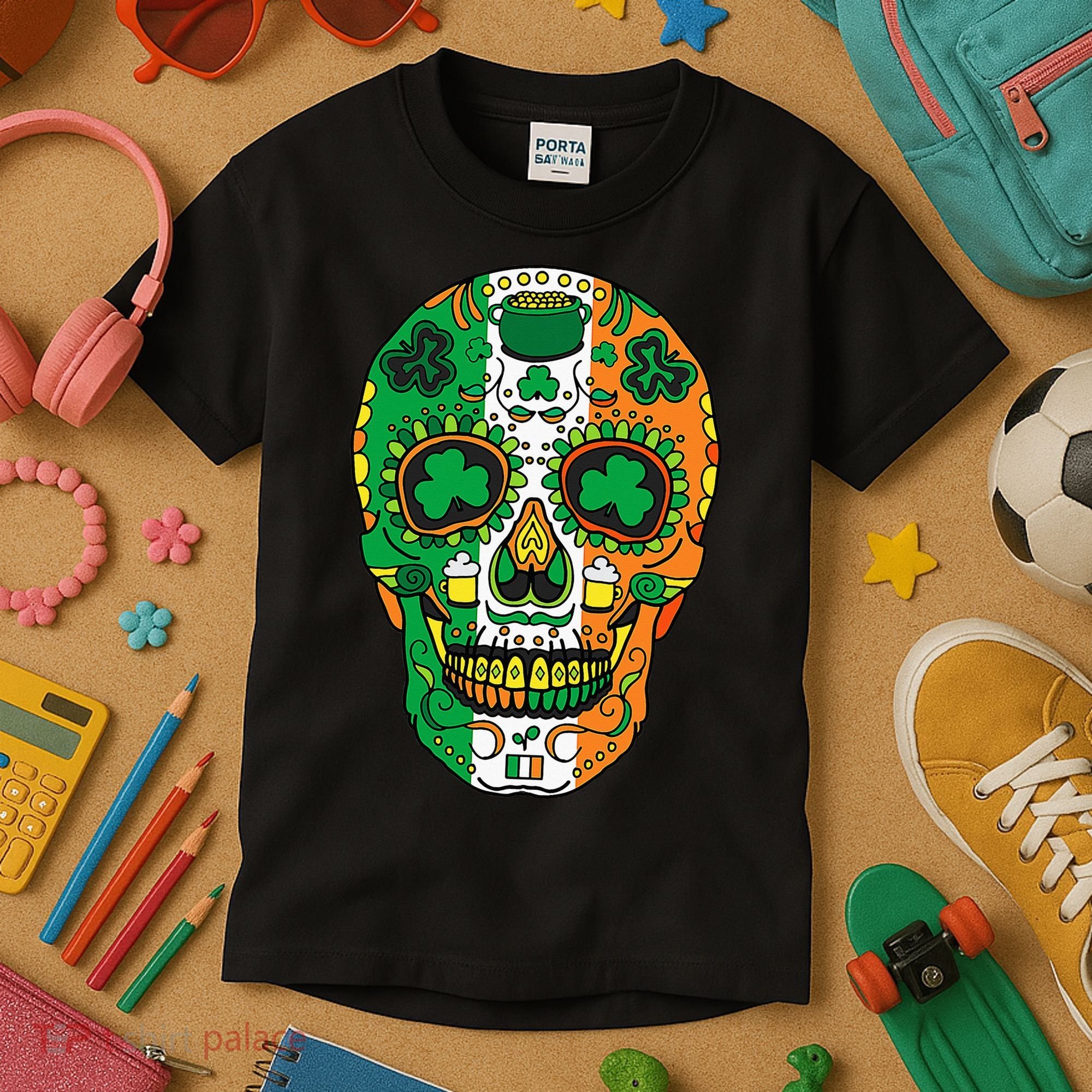 Day Of The Dead Irish Sugar Skull St Patricks Day Kids T-Shirt