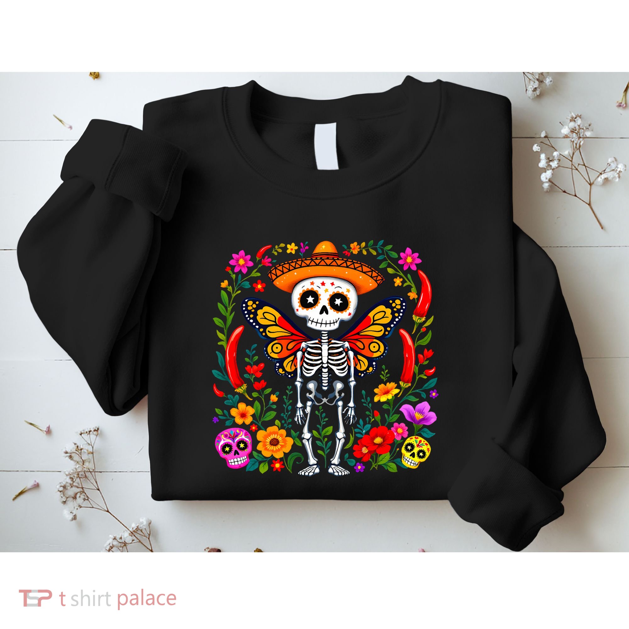 Day Of The Dead Sugar Skull Skeleton Monarch Butterfly Sweatshirt