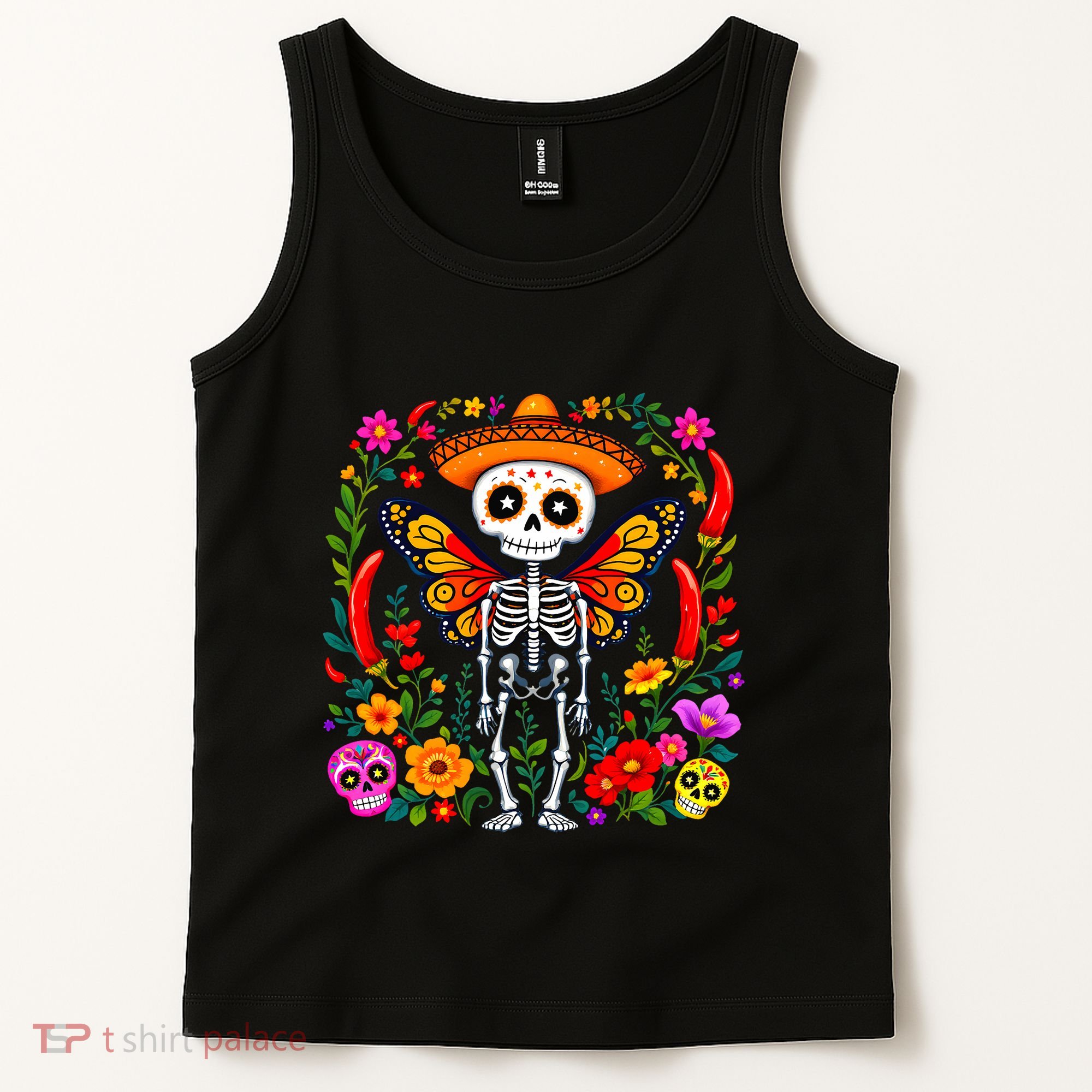Day Of The Dead Sugar Skull Skeleton Monarch Butterfly Tank Top