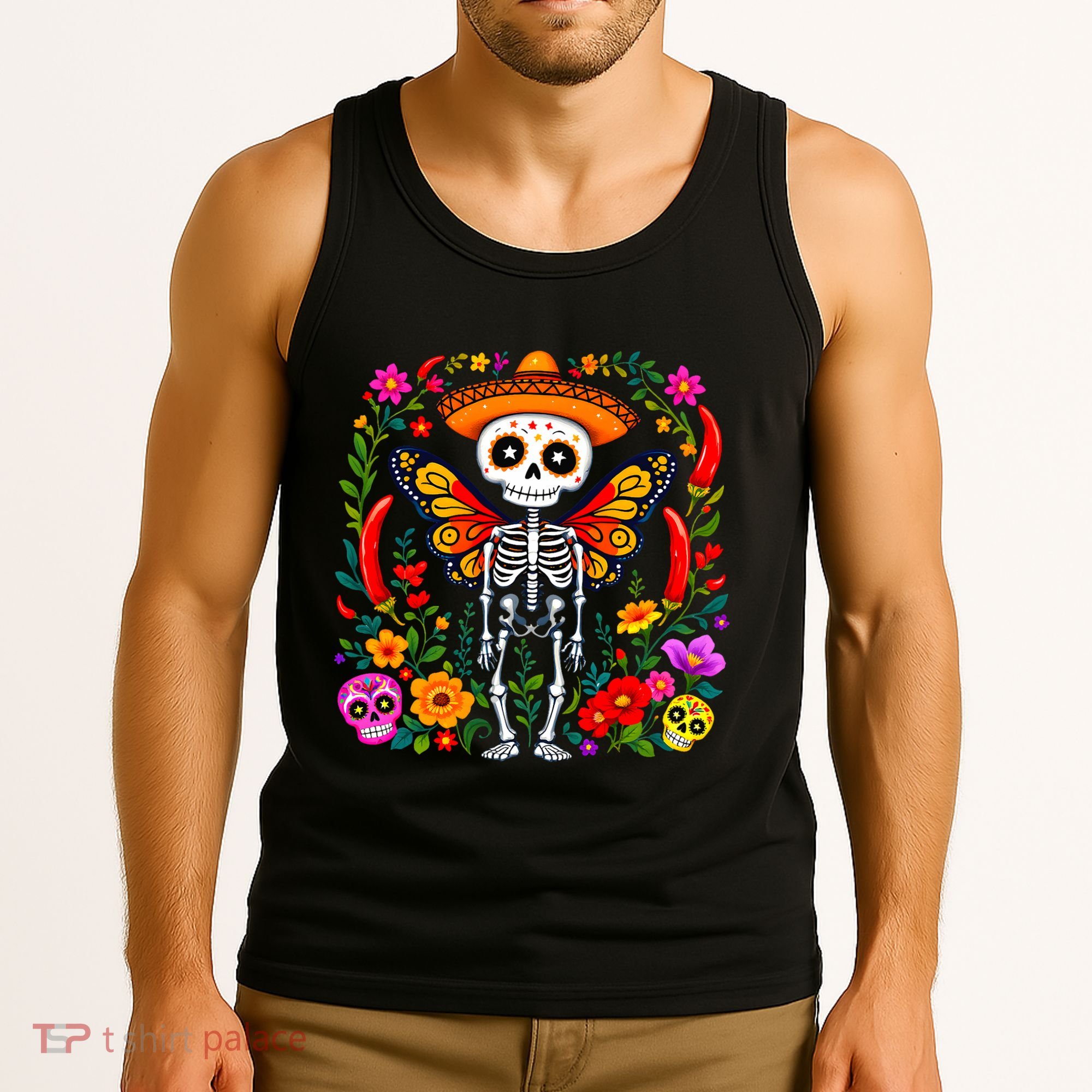 Day Of The Dead Sugar Skull Skeleton Monarch Butterfly Tank Top