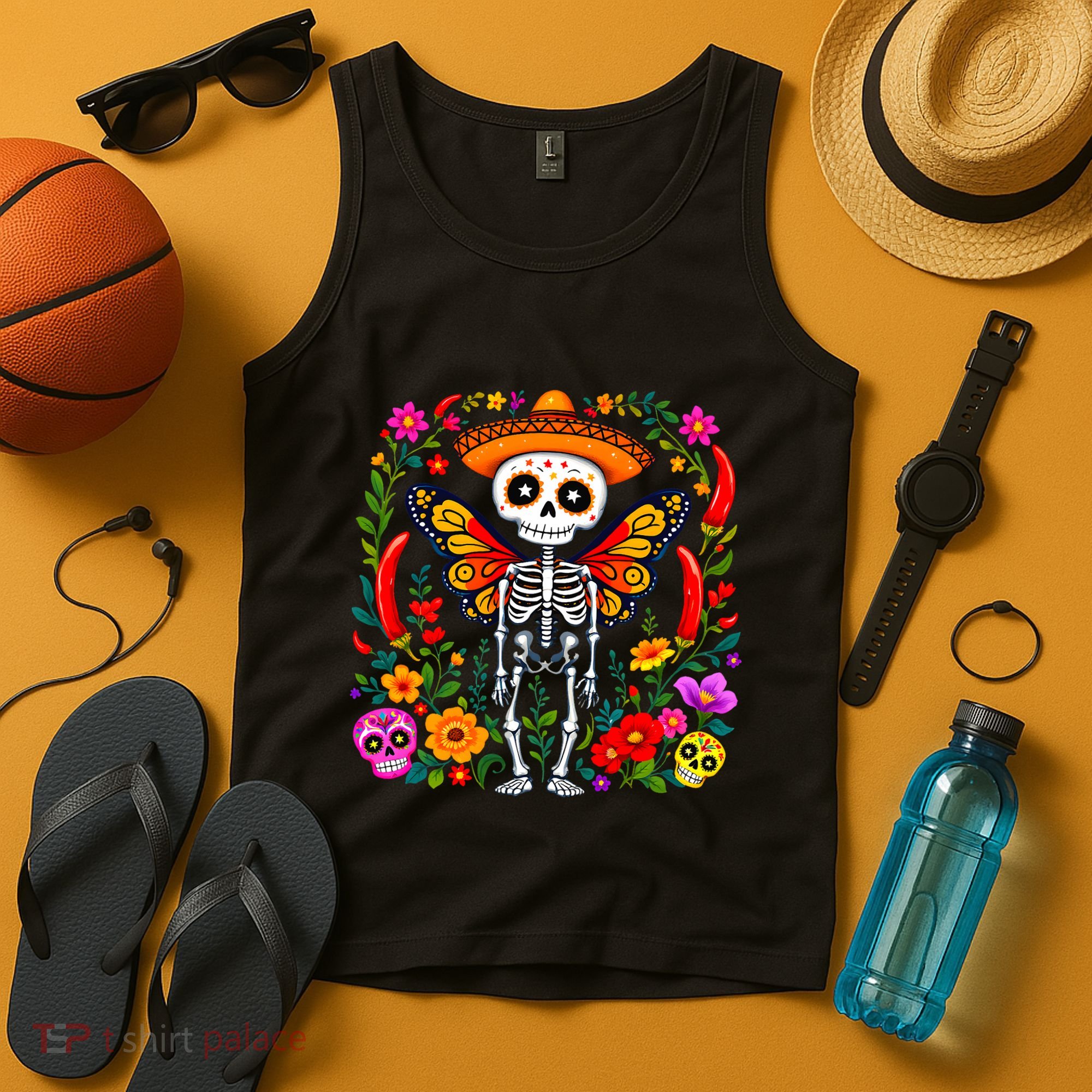 Day Of The Dead Sugar Skull Skeleton Monarch Butterfly Tank Top