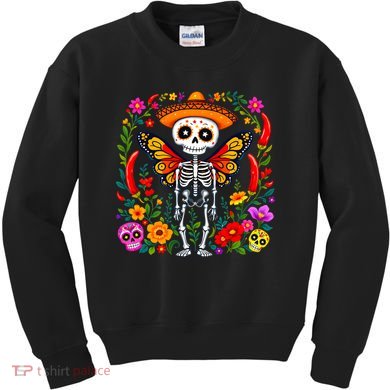 Day Of The Dead Sugar Skull Skeleton Monarch Butterfly Kids Sweatshirt