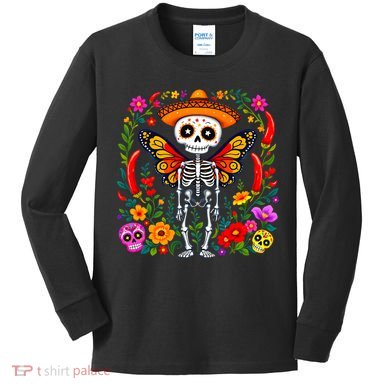 Day Of The Dead Sugar Skull Skeleton Monarch Butterfly Kids Long Sleeve Shirt
