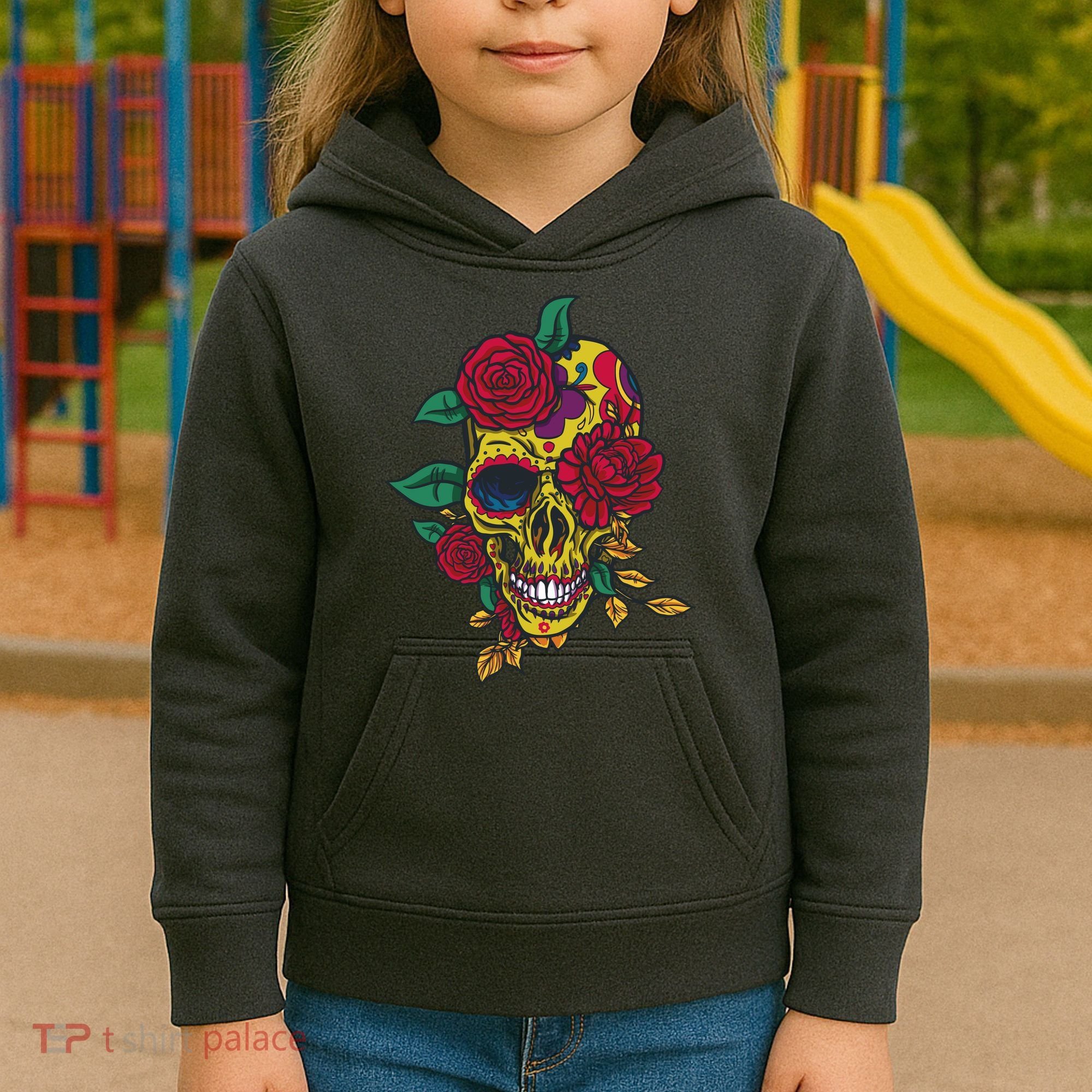 Day Of The Dead Rose Skull Kids Hoodie