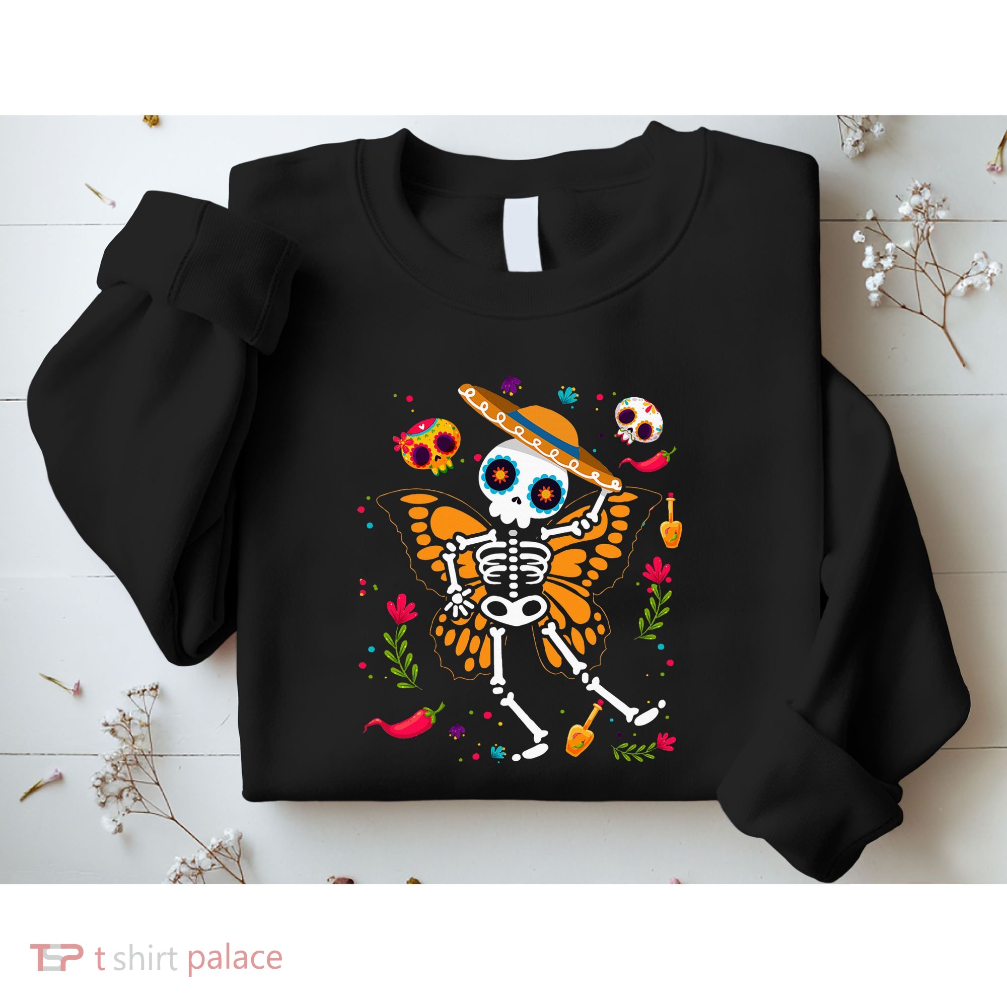 Day of the Dead Sugar Skull Skeleton Monarch Butterfly Sweatshirt