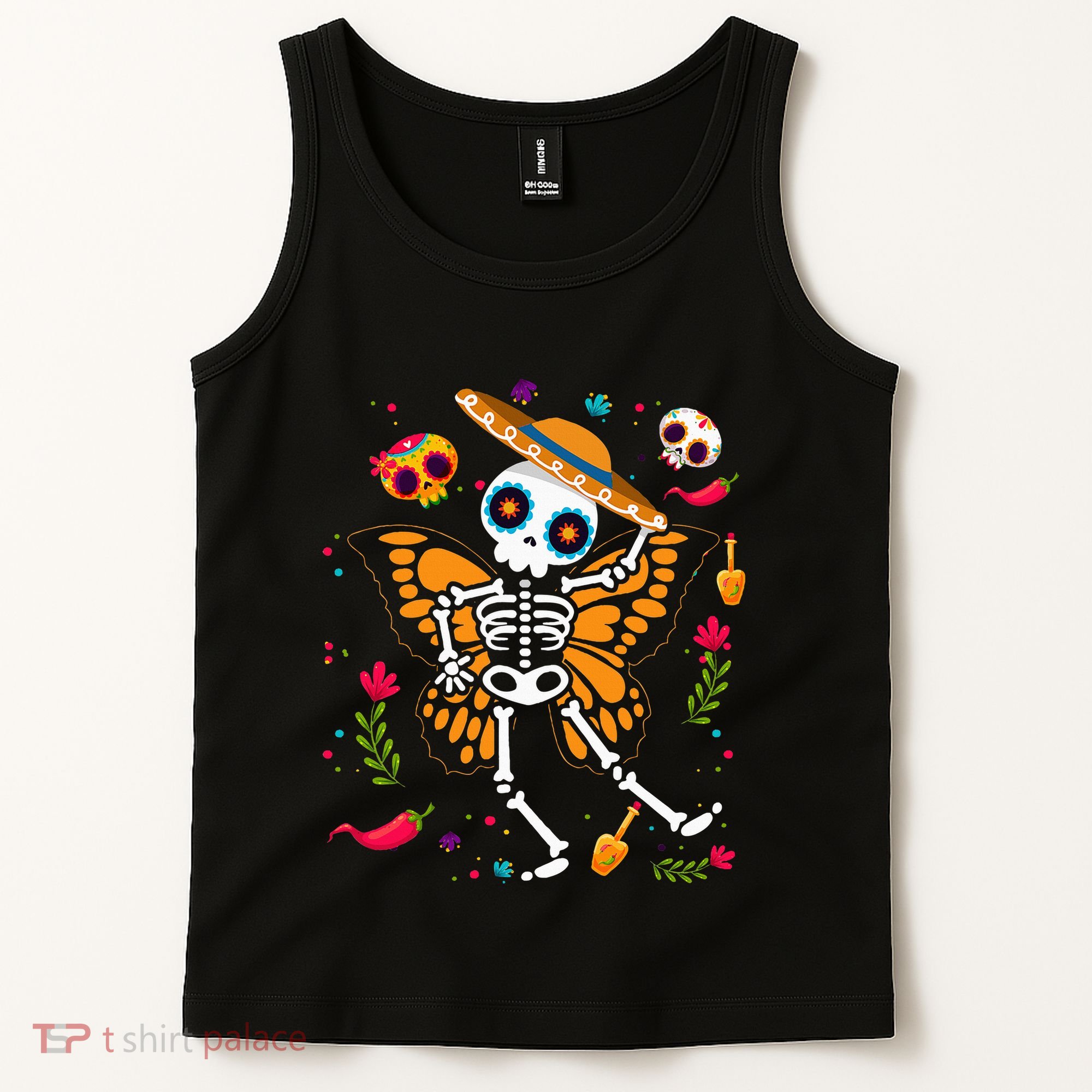 Day of the Dead Sugar Skull Skeleton Monarch Butterfly Tank Top