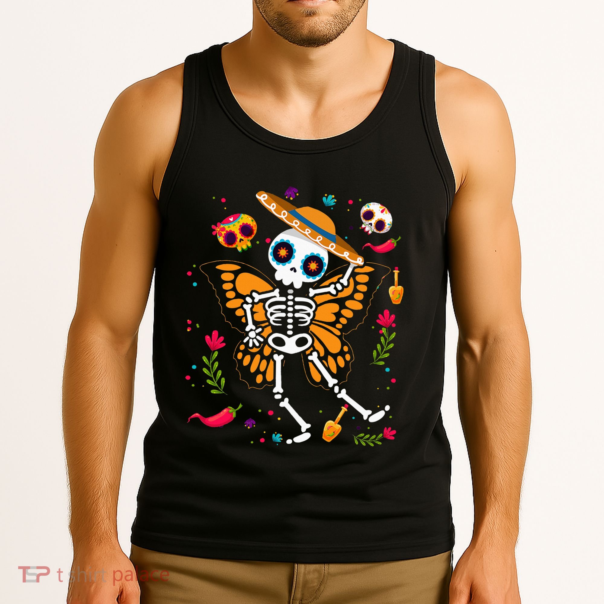Day of the Dead Sugar Skull Skeleton Monarch Butterfly Tank Top