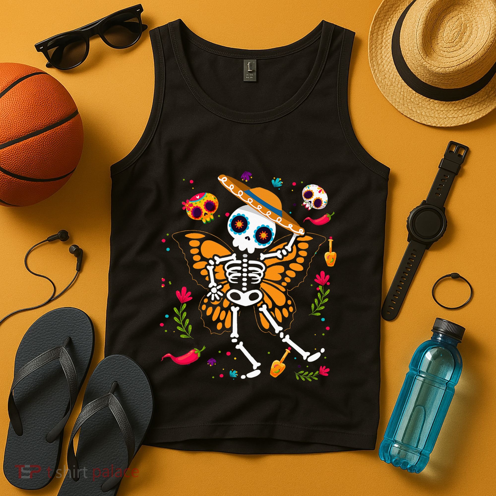 Day of the Dead Sugar Skull Skeleton Monarch Butterfly Tank Top