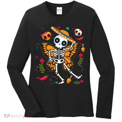 Day of the Dead Sugar Skull Skeleton Monarch Butterfly Women's Long Sleeve Shirt