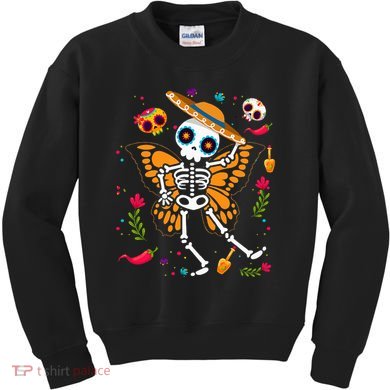 Day of the Dead Sugar Skull Skeleton Monarch Butterfly Kids Sweatshirt