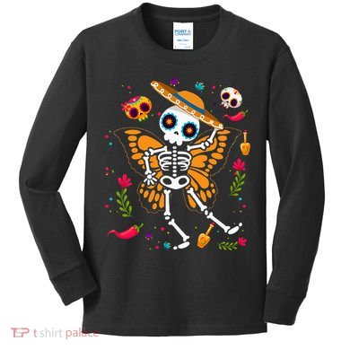Day of the Dead Sugar Skull Skeleton Monarch Butterfly Kids Long Sleeve Shirt