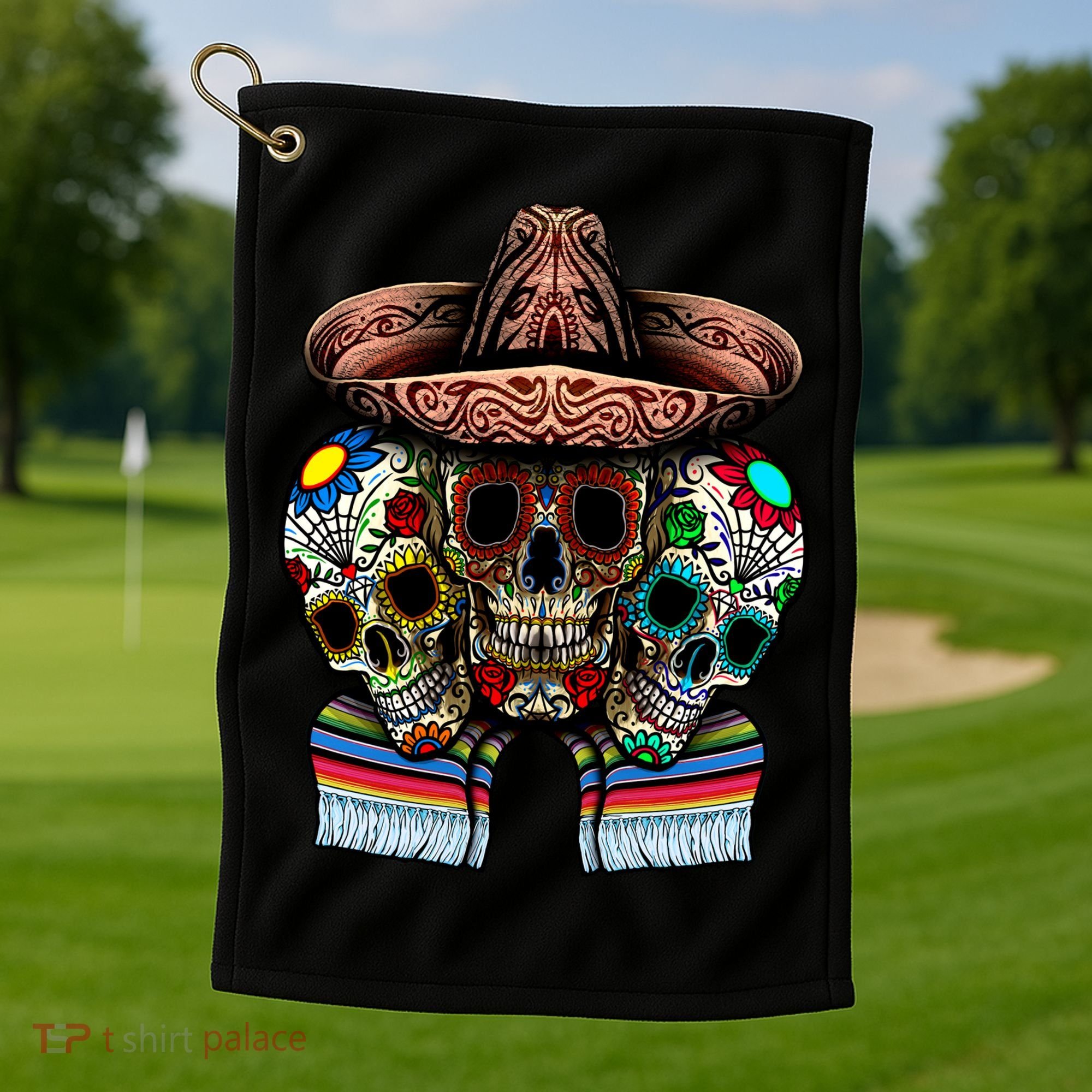 Day Of The Dead Tri Sugar Skulls Golf Towel