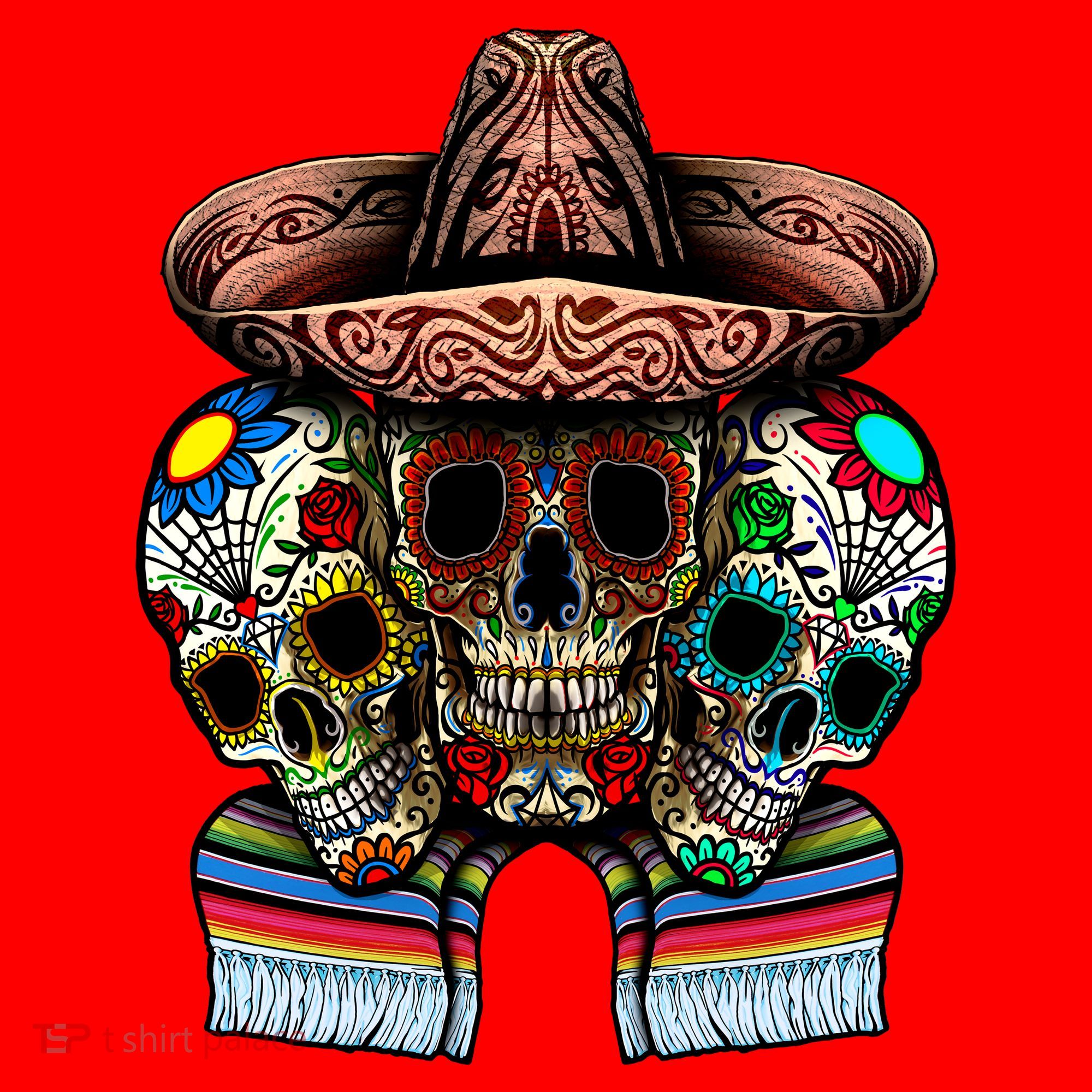 Day Of The Dead Tri Sugar Skulls Santa Hat