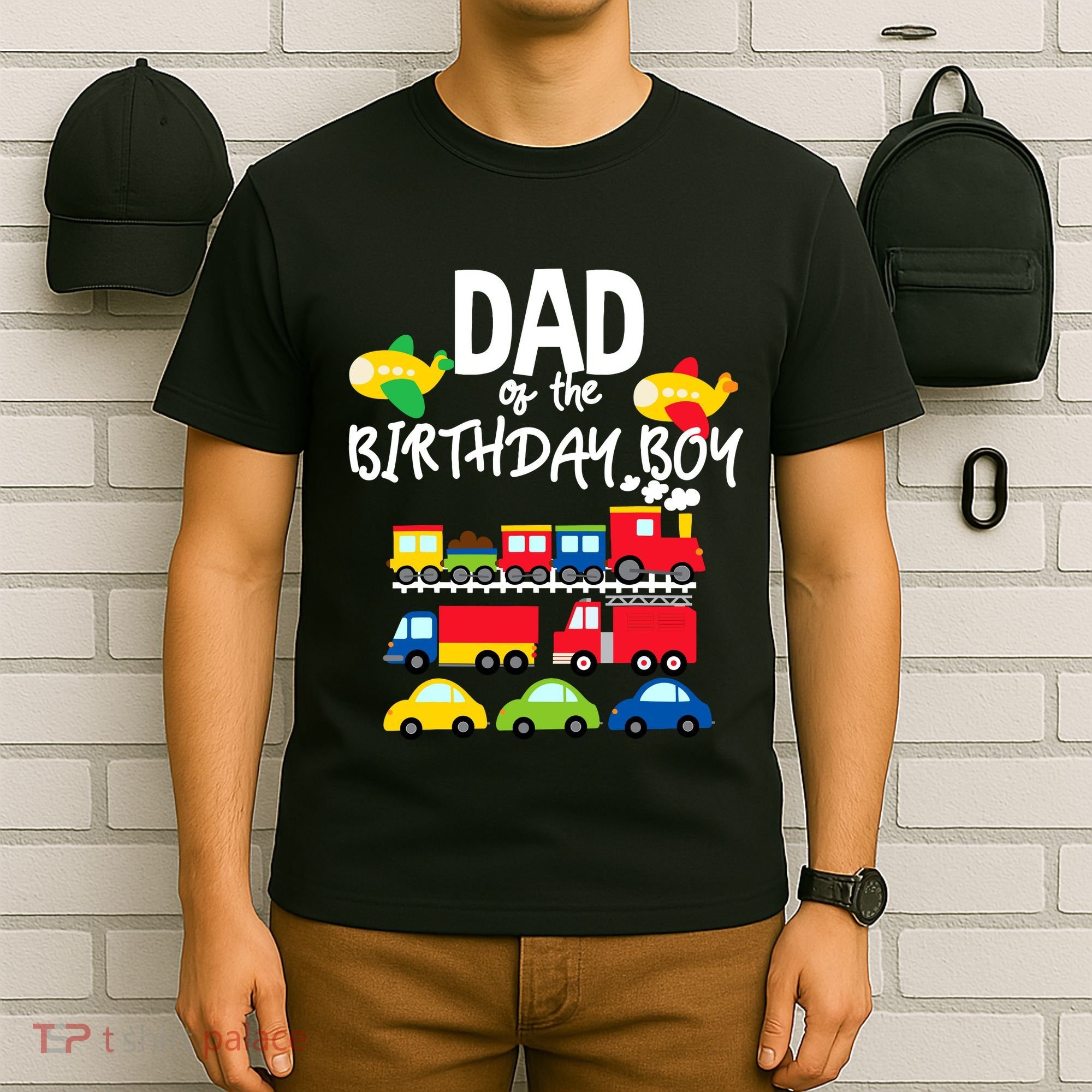 Dad Of The Birthday Boy Cars Trucks Trains Birthday Party T-Shirt