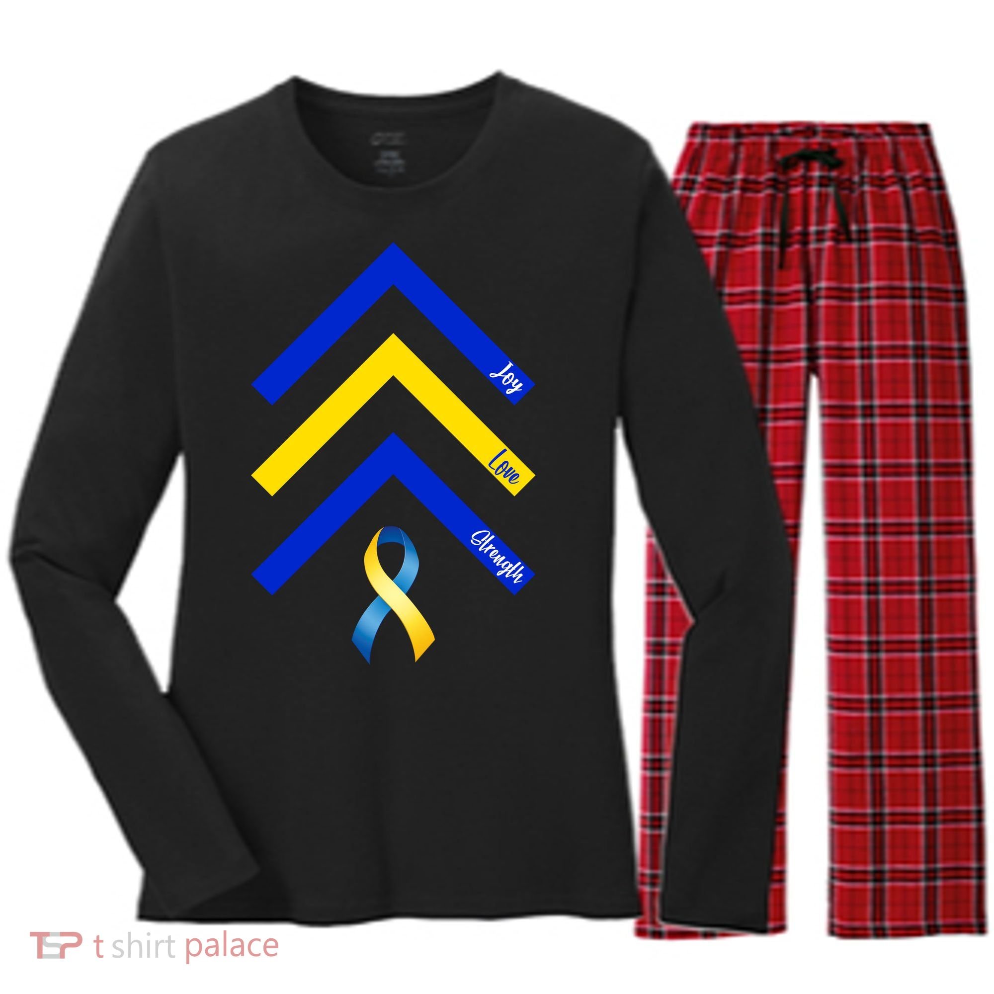Down Syndrome Awareness Joy Love Strength  Women's Long Sleeve Flannel Pajama Set 
