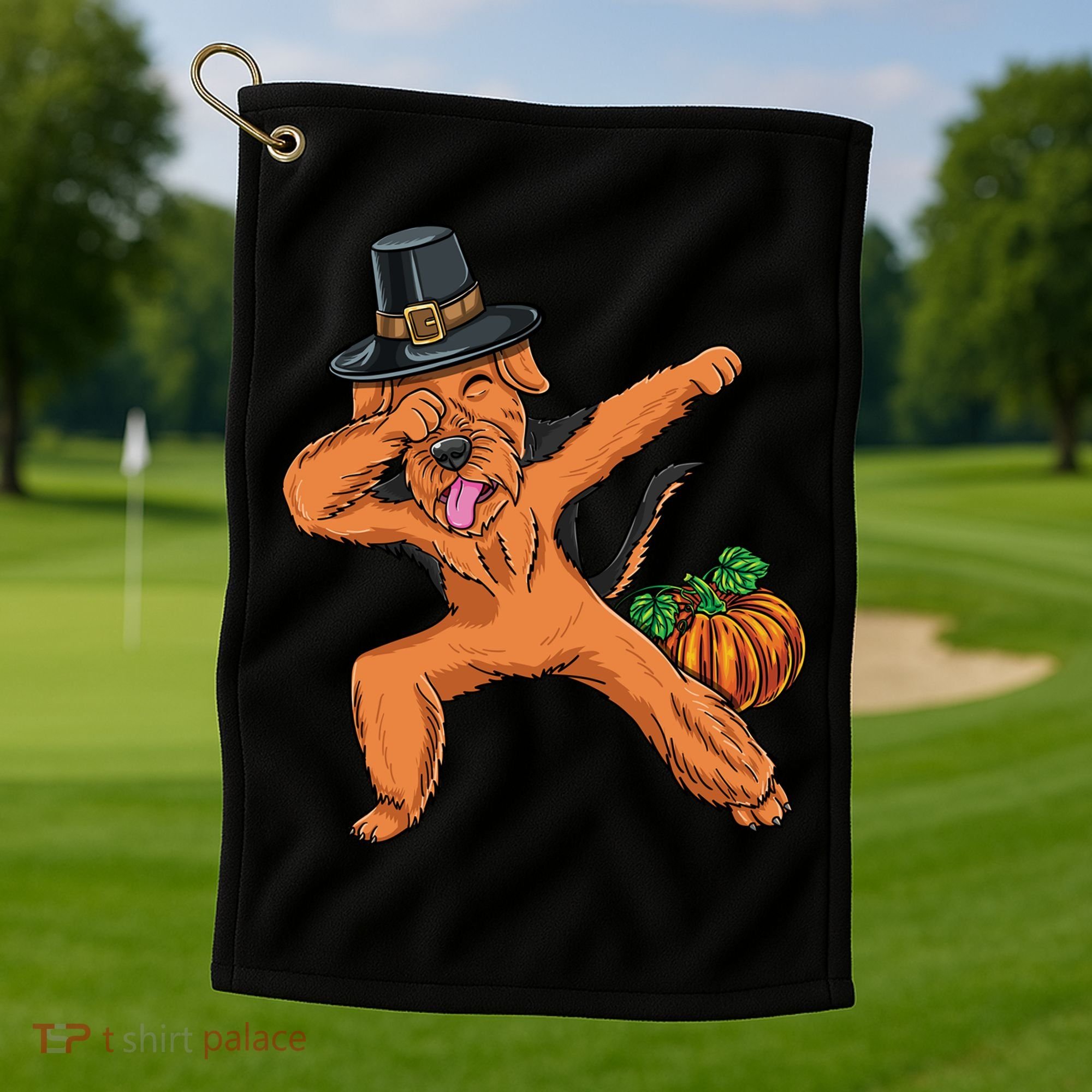 Dabbing Pilgrim Airedale Terrier Thanksgiving Meaningful Gift Golf Towel
