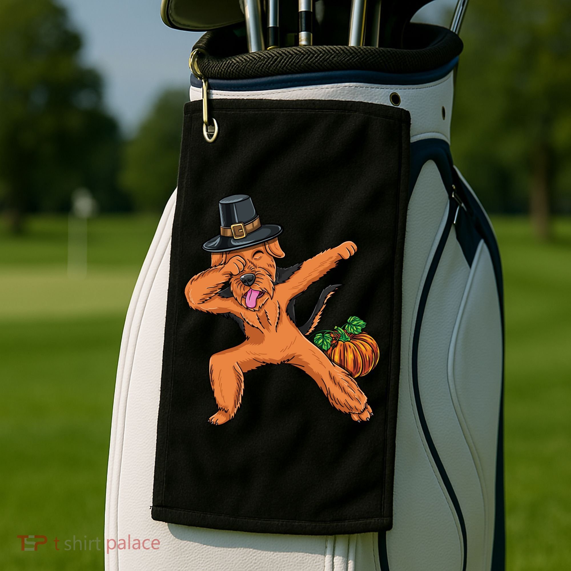 Dabbing Pilgrim Airedale Terrier Thanksgiving Meaningful Gift Golf Towel