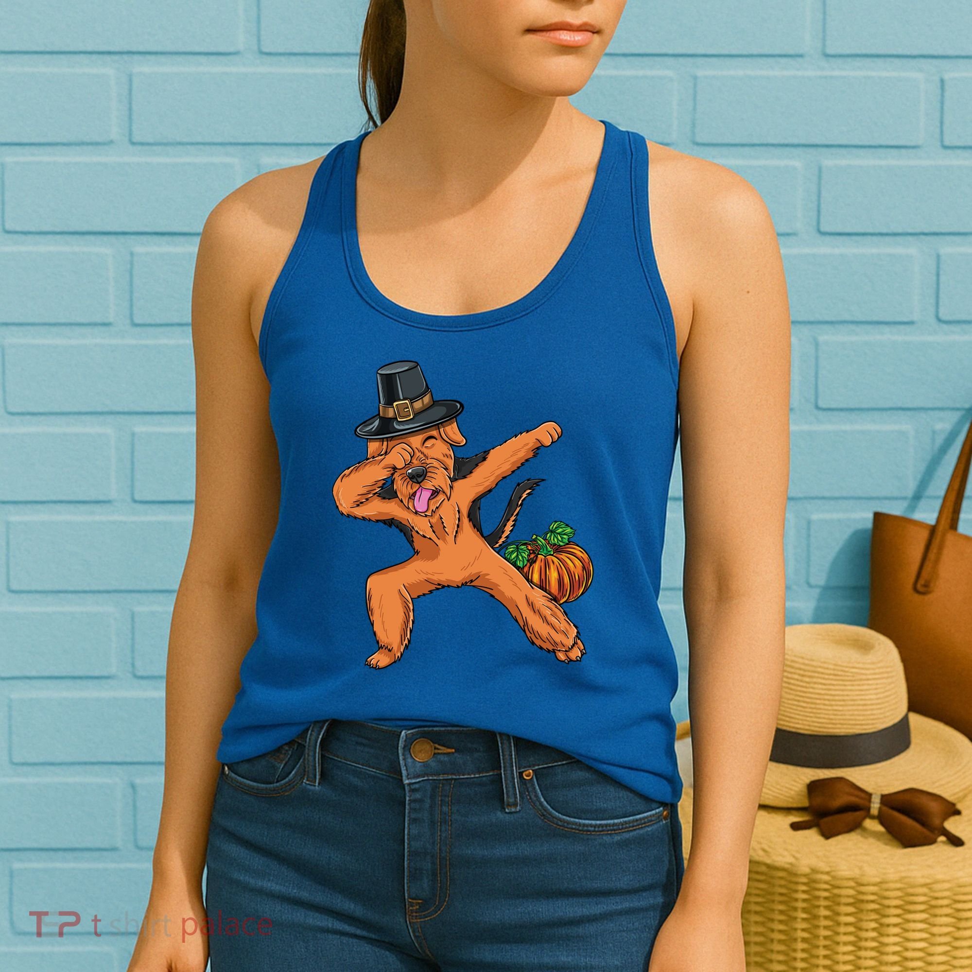 Dabbing Pilgrim Airedale Terrier Thanksgiving Meaningful Gift Women's Tank Top