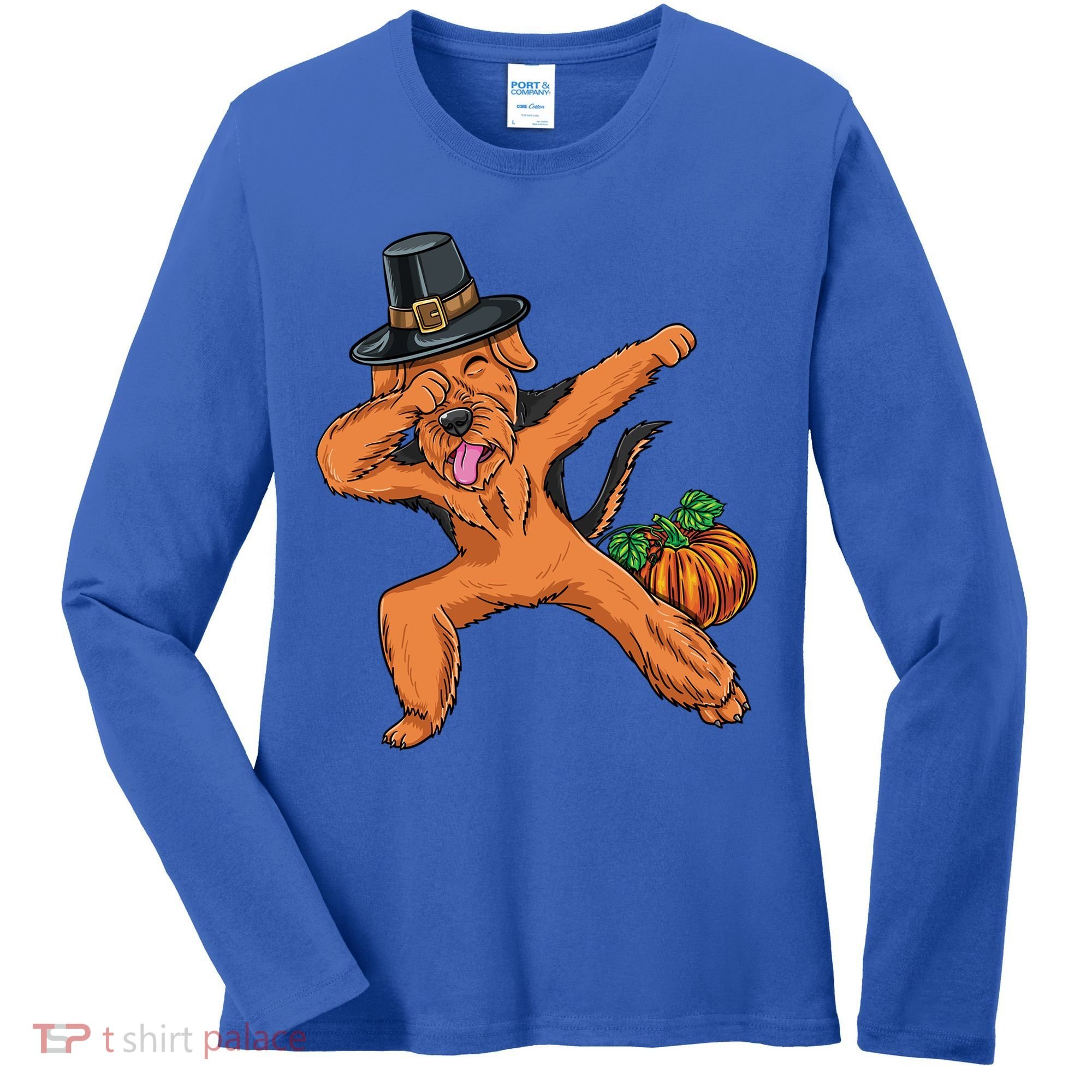 Dabbing Pilgrim Airedale Terrier Thanksgiving Meaningful Gift Women's Long Sleeve Shirt