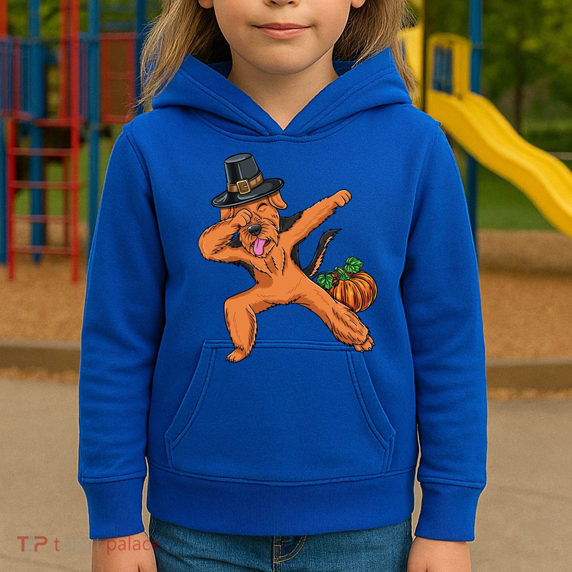Dabbing Pilgrim Airedale Terrier Thanksgiving Meaningful Gift Kids Hoodie